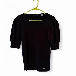 Tahari Black Puff-Sleeve Ribbed Top